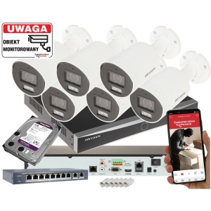 Profesjonalny zestaw monitoringu Hikvision ColorVu Hybrid Light 6x kamer DS-2CD2087G2H-LIU 8Mpx Acusense Mikrofon MicroSD
